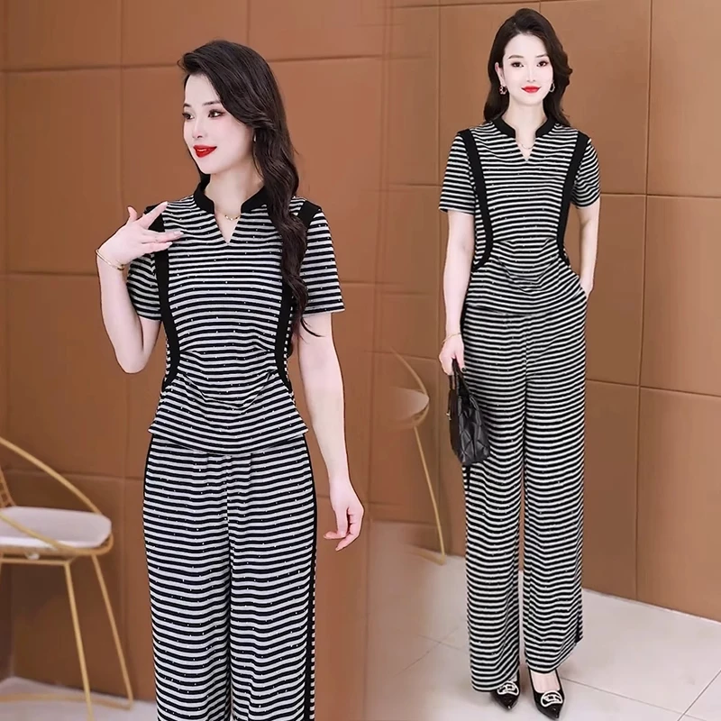 洋气短袖条纹两件套女夏季2025年新款高级感气质休闲阔腿裤两件套