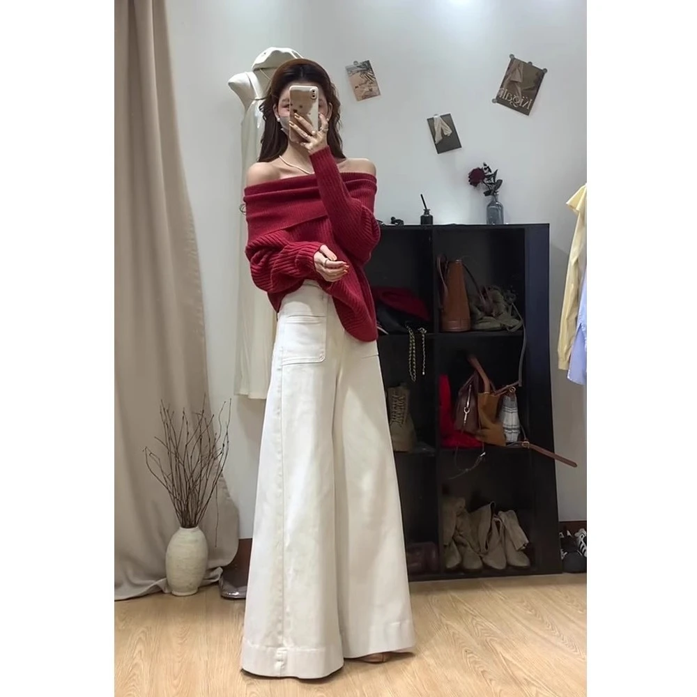 港风白色高腰宽松喇叭牛仔裤女春秋新款小众设计感阔腿拖地长裤子