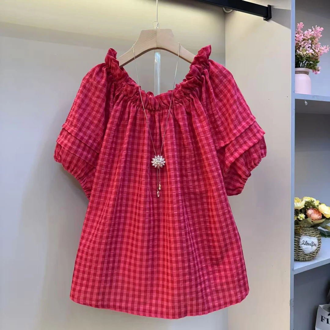 夏季2025新款糖果色显白洋气衫大码女装气质百搭泡泡袖格子衬衫