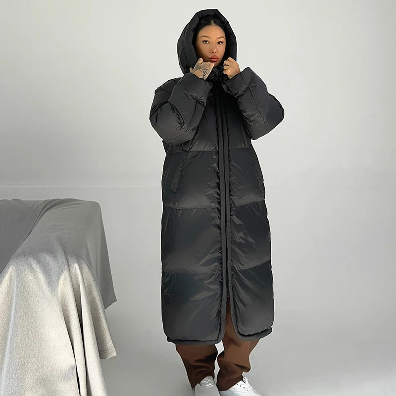 【清仓】长款羽绒服黑色鸭绒起脚踝保暖面包服过膝高充绒通勤日常