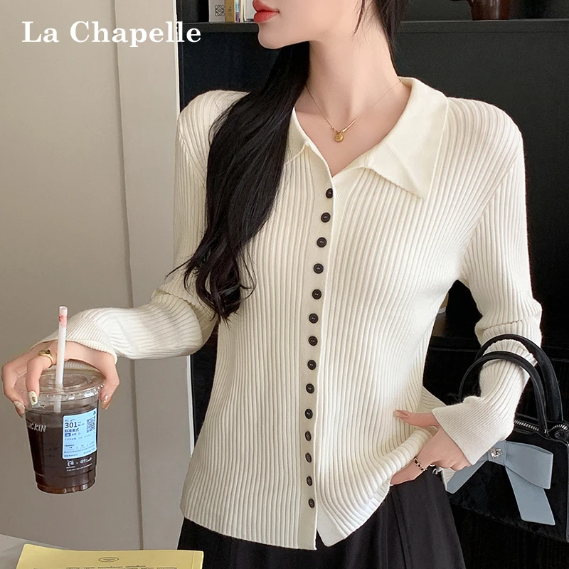拉夏贝尔2025秋冬韩版单排扣翻领长袖打底针织开衫修身内搭上衣女