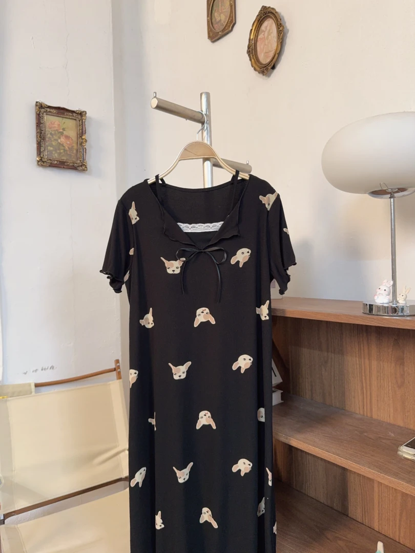 法斗睡裙~带胸垫短袖女纯欲法式夏季休闲外穿家居服
