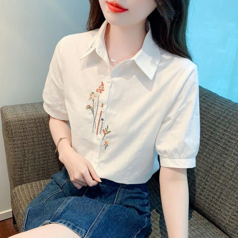 女上衣夏季2024衬衫泡泡袖时尚刺绣洋气短袖新款女装纯棉薄款全棉
