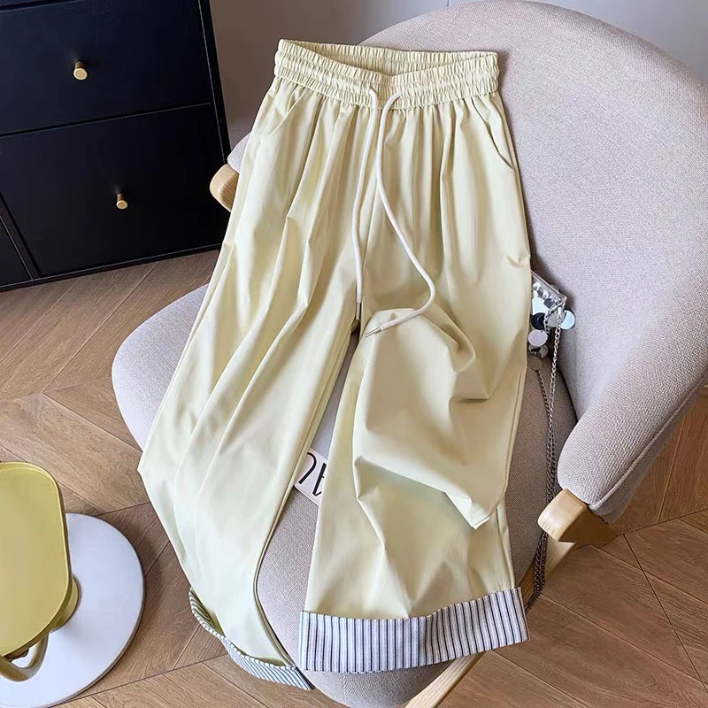 1704 小清新卷边拼接条纹休闲高腰显瘦阔腿裤