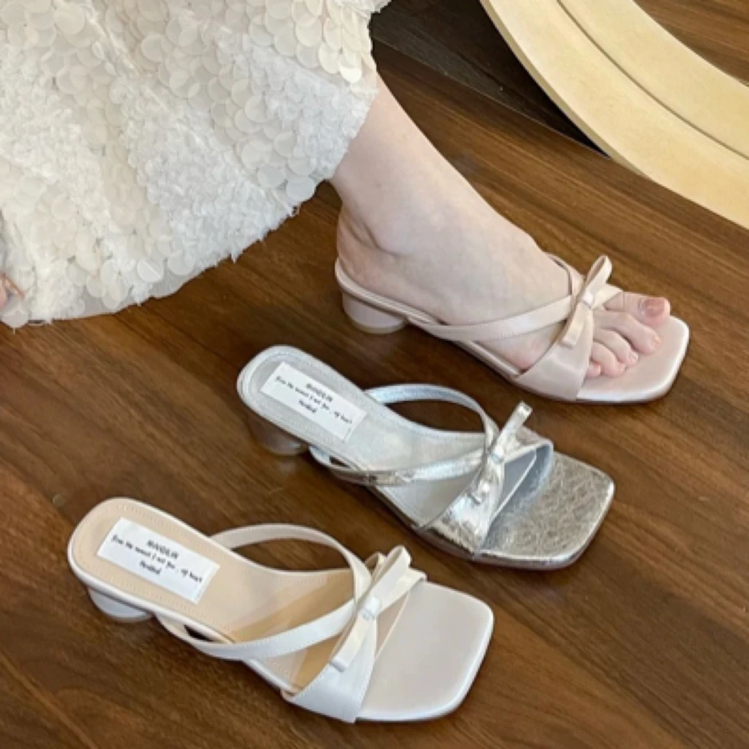 法式蝴蝶结拖鞋气质不累脚方头一字拖晚风夏季通勤鞋