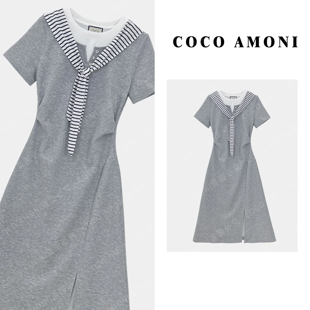 夏季轻奢新款设计感时尚女拼接蝴蝶结收腰显瘦气质连衣裙AC559