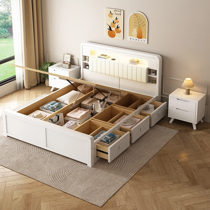 全实木气压高箱储物床1.2米奶油风主卧床1.8米双人床一米五高箱床