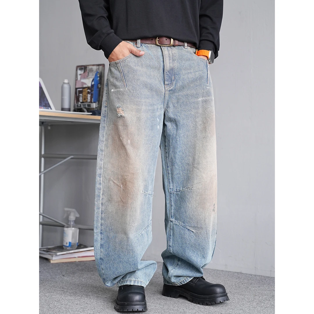 秋季美式复古痞帅重磅黄泥染破洞牛仔裤男直筒宽松阔腿弯刀长裤潮