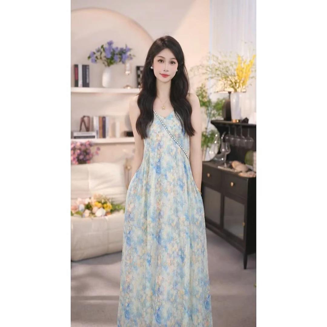 【有口袋】蓝色雏菊夏季法式长裙女显瘦设计收腰碎花吊带连衣裙1509