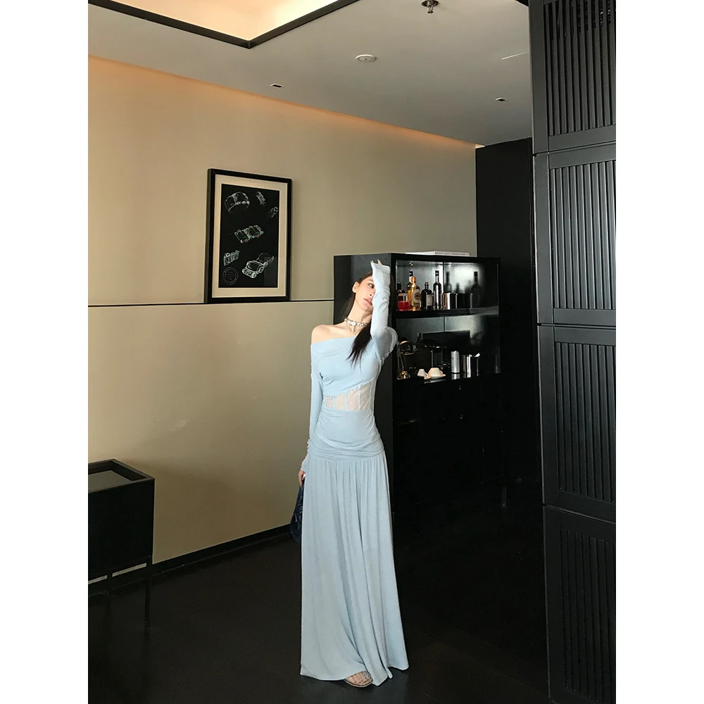 【54yi套】设计感一字肩镂空蕾丝褶皱打底衫半身裙套装