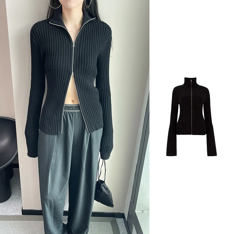 未使用 Acne studio 黑色后背贴标螺纹拉链立领夹克