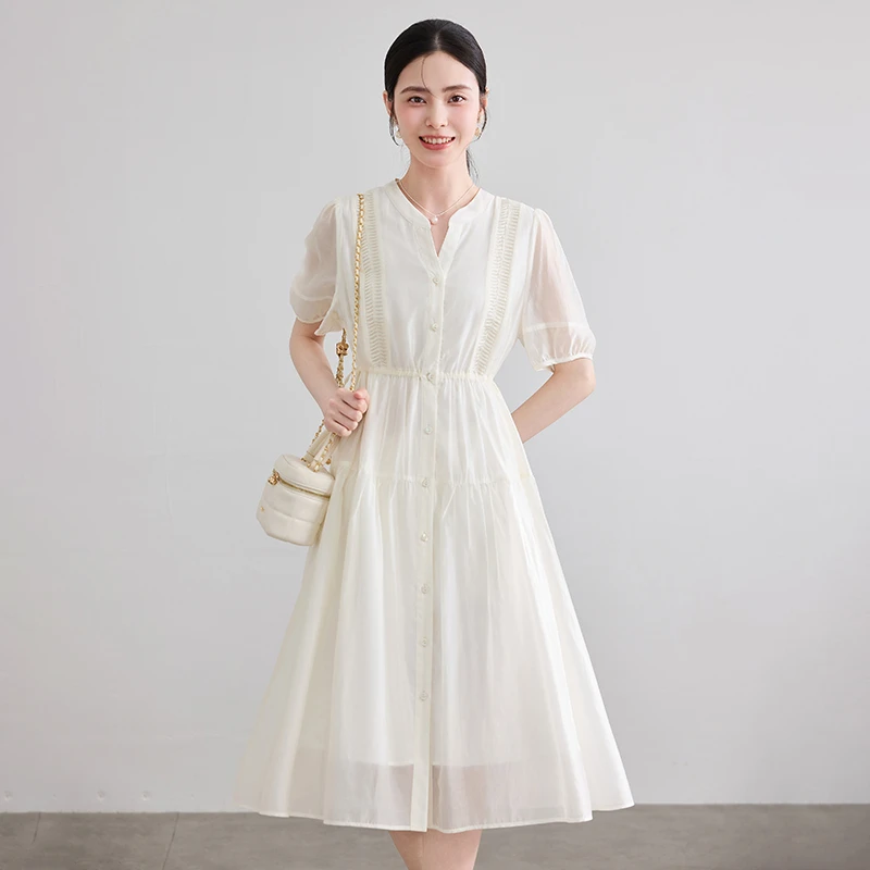 短袖单排多扣夏季连衣裙女装设计感温柔显瘦白色60122