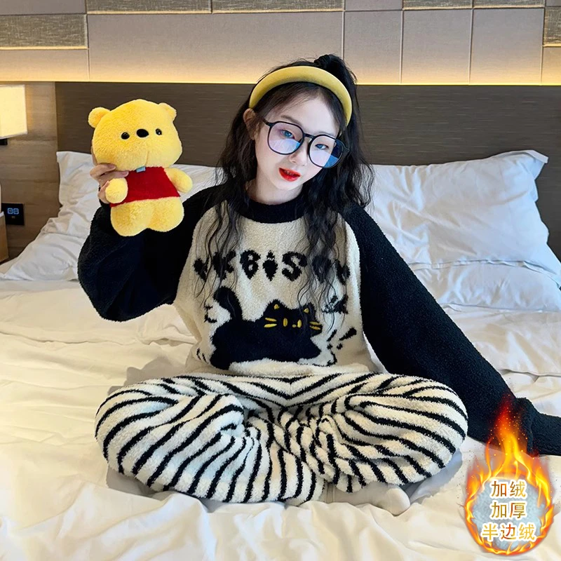 女童睡衣冬季加绒加厚2025新款大童女孩秋冬双面绒儿童家居服套装