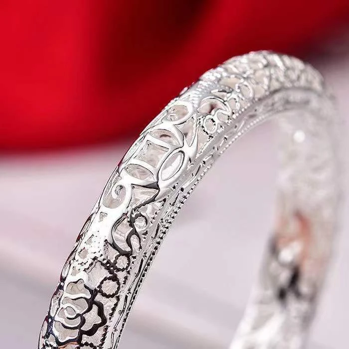 足银手镯 足银999镂空闭口雕花手镯女宫廷风花丝少数民族节日礼物