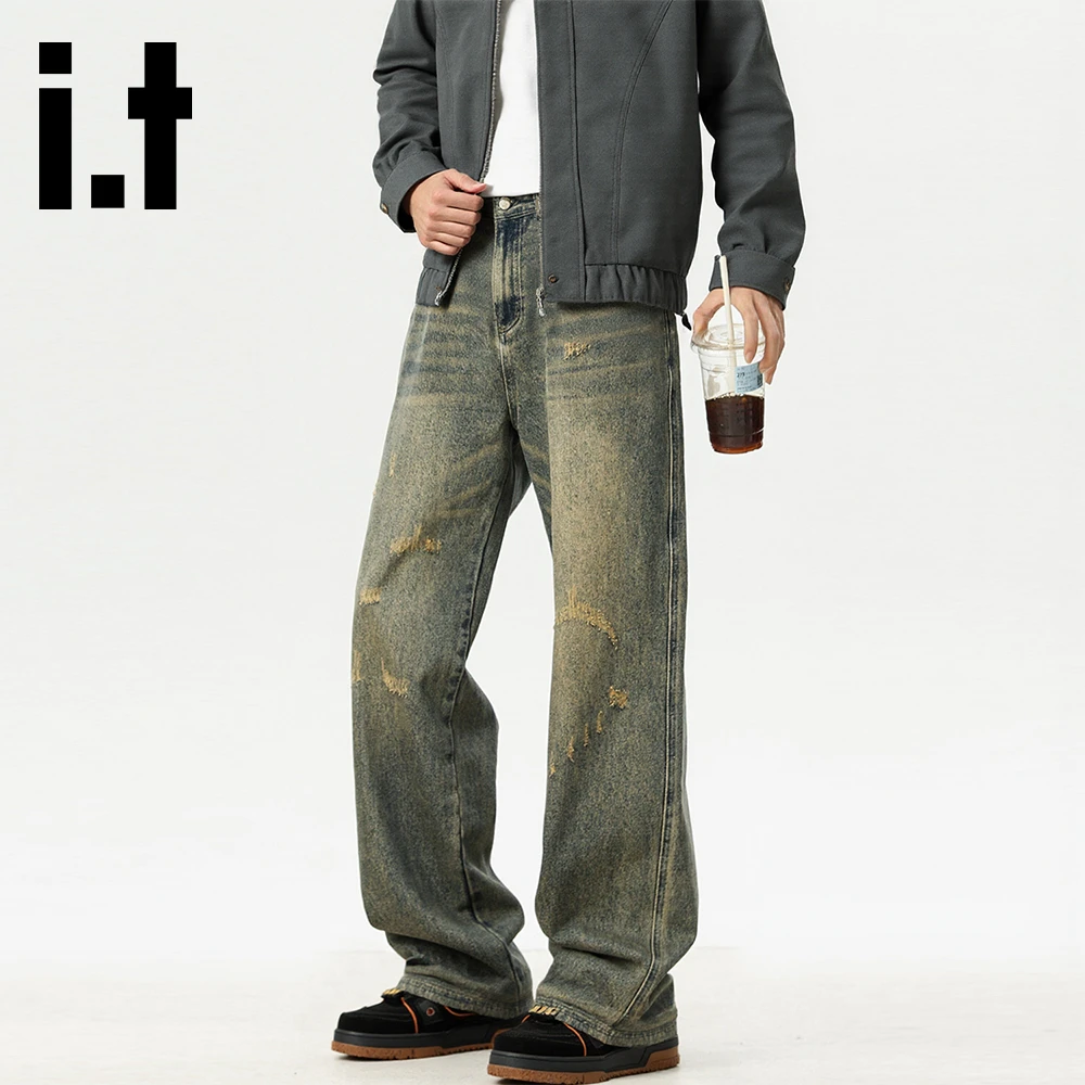 it:CHOCOOLATE潮牌个性磨破复古牛仔裤男2025秋季新款潮流阔腿裤