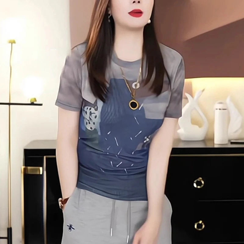 双层网纱涂鸦印花卡通t恤女2025夏季新款时髦洋气修身短袖上衣ins