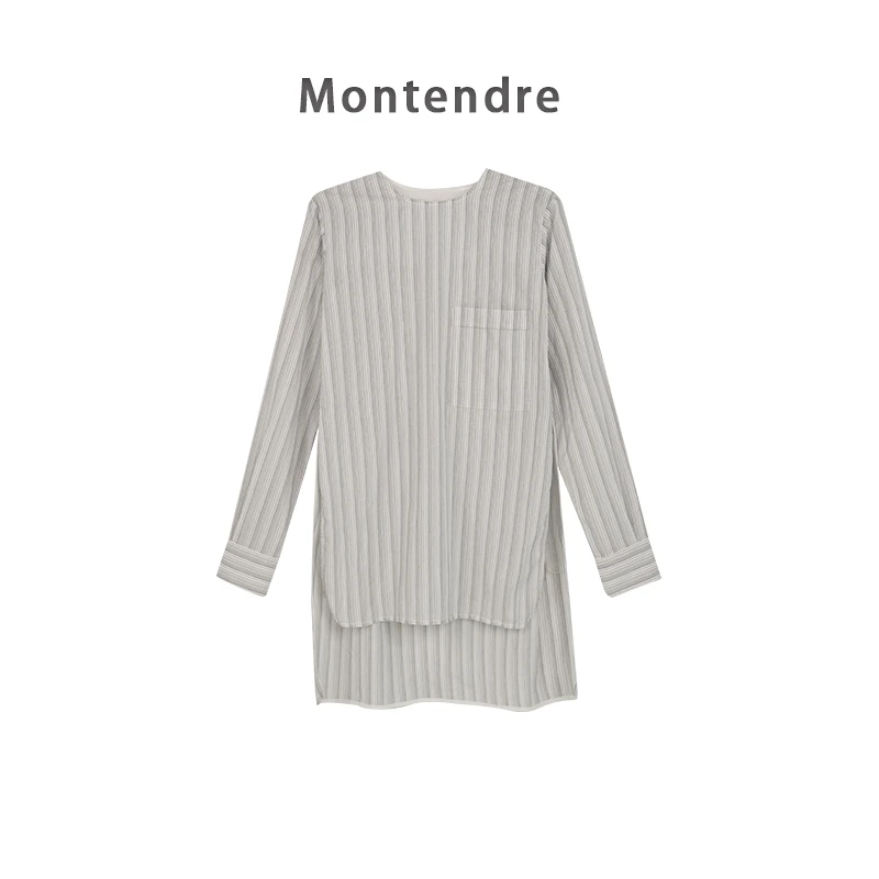 【MonTendre】秋季新款 纯棉气质条纹百搭简约不规则设计感长袖衬衫