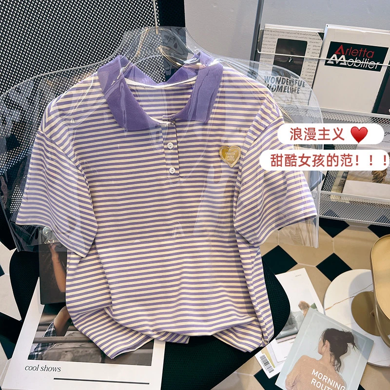 女童短袖学生2025新款夏季甜美条纹POLO衫女大童短袖宽松撞色T恤