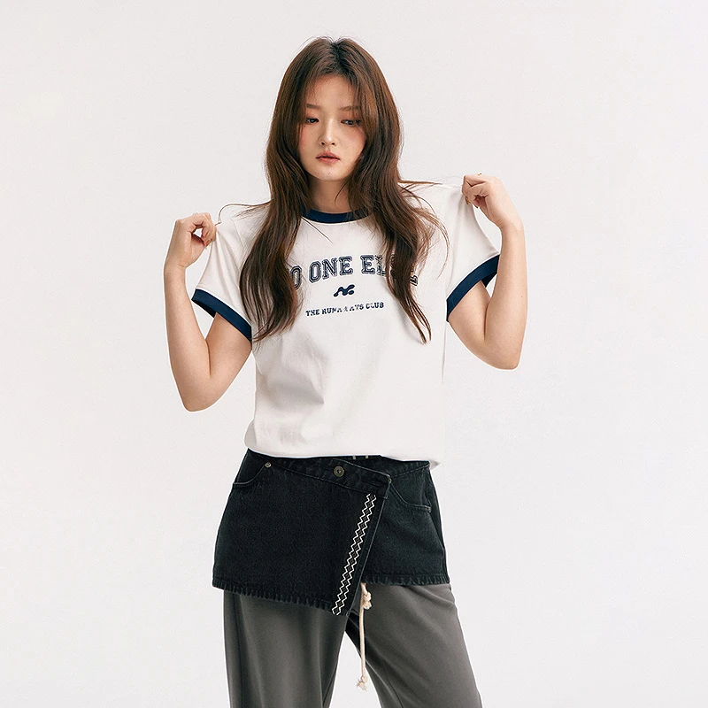 NO ONE ELSE美式复古女装夏季撞色拼接短袖圆领打底衫字母印花T恤