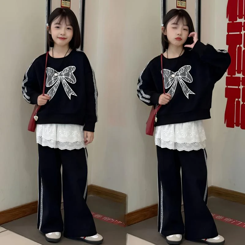 女童蕾丝蝴蝶结卫衣套装春秋新款小女孩韩系休闲宽松直筒裤两件套