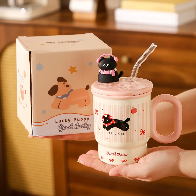 萌趣带盖陶瓷吸管杯马克杯高颜值家用办公室喝水咖啡杯女生日礼物