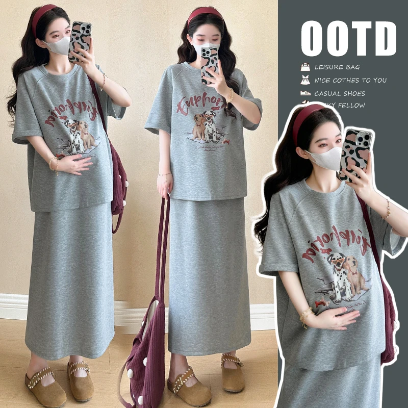 孕妇装夏季新款时尚韩版宽松卡通印花短袖T恤休闲显瘦半身裙套装1
