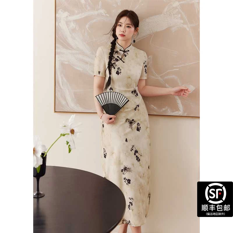 蓝语大码女装胖mm新中式国风改良旗袍裙子2025夏季遮肚印花连衣裙