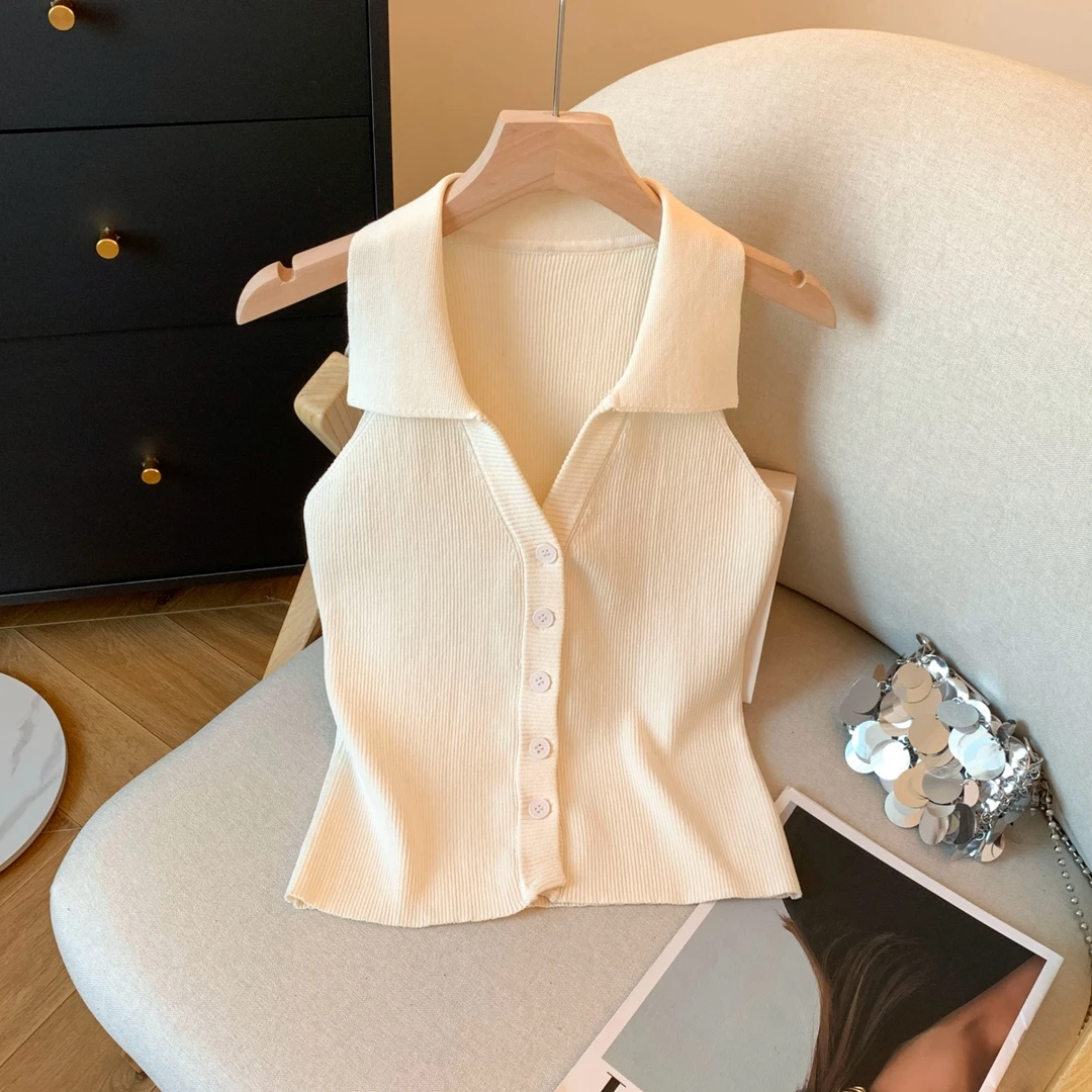 专柜撤回剪标韩系POLO领无袖针织背心女夏季新款小个子修身短上衣