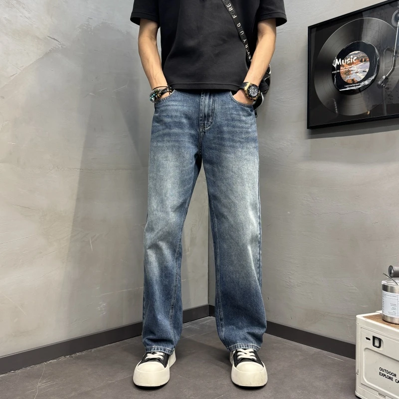 宽松阔腿简约纯色蓝色水洗牛仔裤男士百搭浅蓝水洗男士阔腿牛仔裤