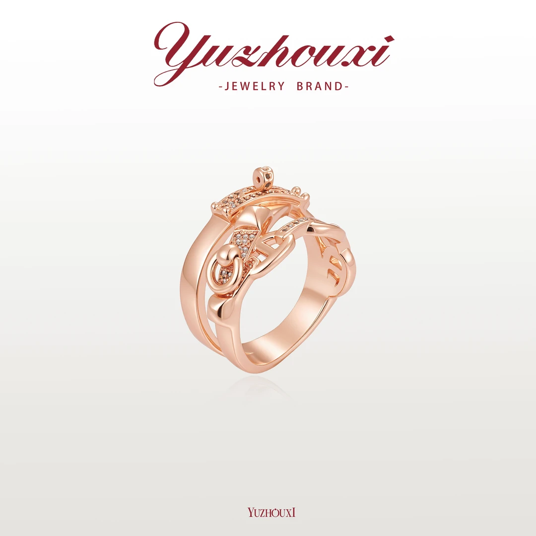 铜合金锆石戒指 T2-003【粉金色多层铆钉白锆猪鼻子闭口戒指】美码