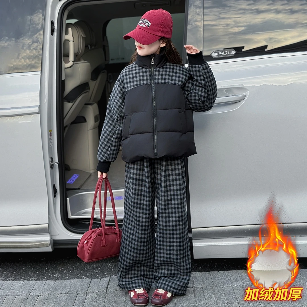 女童棉衣套装冬款2025新款儿童6-15岁12休闲格子加绒裤子黑色棉服