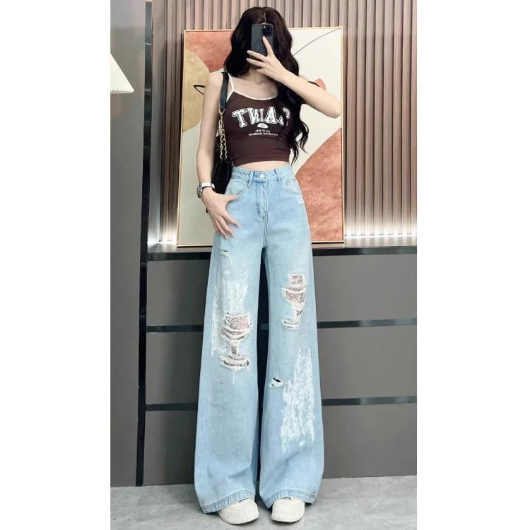 破洞蕾丝刷漆阔腿牛仔裤女2025年春夏新款薄款独特网红直筒裤