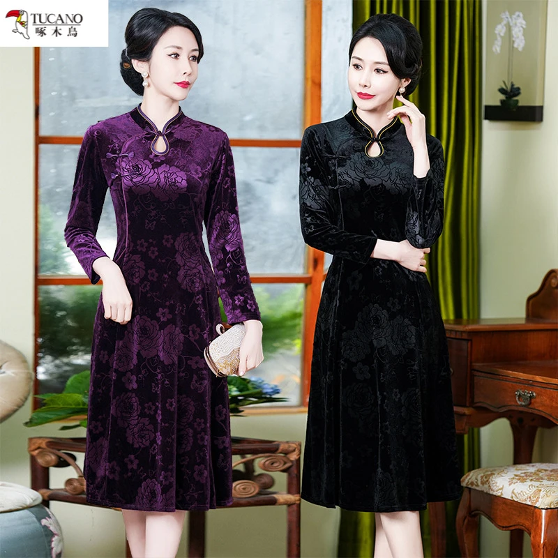 啄木鸟喜婆婆婚宴装婚礼妈妈金丝绒礼服连衣裙春秋装中老年新款改