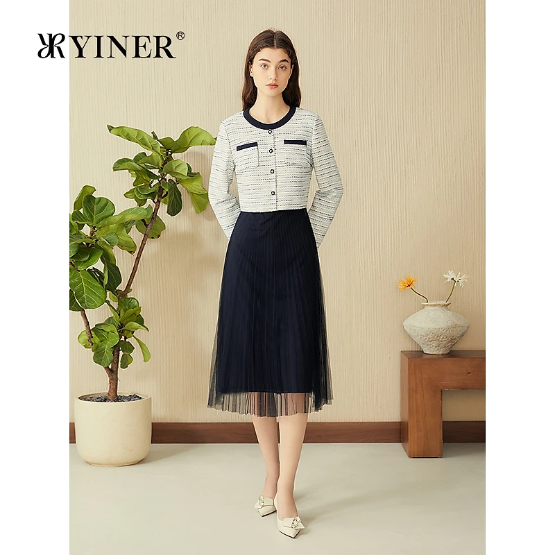 YINER音儿专选2025春季新款渐变花呢亮丝小A摆撞色网纱连衣裙