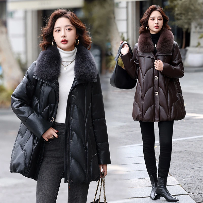 海宁真皮皮衣女羽绒服2025冬新款中长款狐狸毛领外套大码保暖外套
