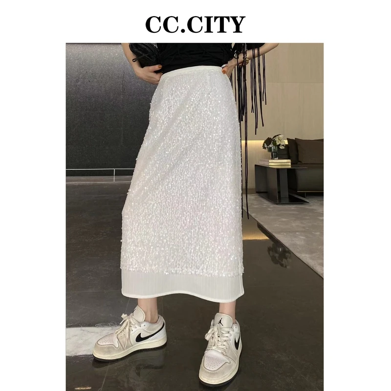【蔡丽丽&CC.city】时尚洋气百搭重工亮片拼接半裙X6719