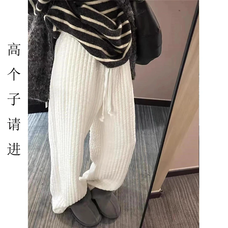 裤长112cm高个子加长白色肌理松弛感条纹裥棉直筒女高腰显瘦棉裤