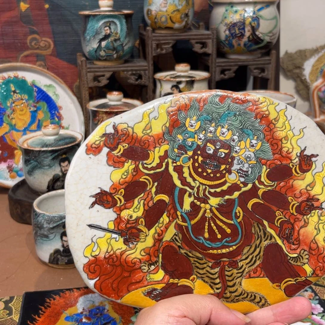 手工手绘马头明王茶盘