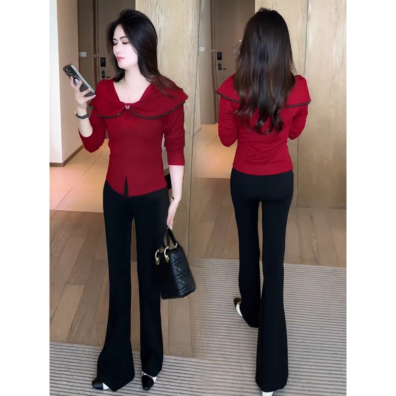 时尚洋气套装女2025秋季新款设计感长袖T恤上格纹上衣微喇裤套装