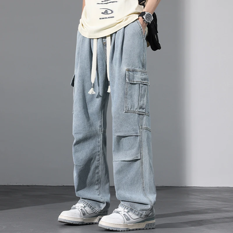 男士工装牛仔裤子2025春夏季宽松直筒新款美式高街休闲长裤青少年