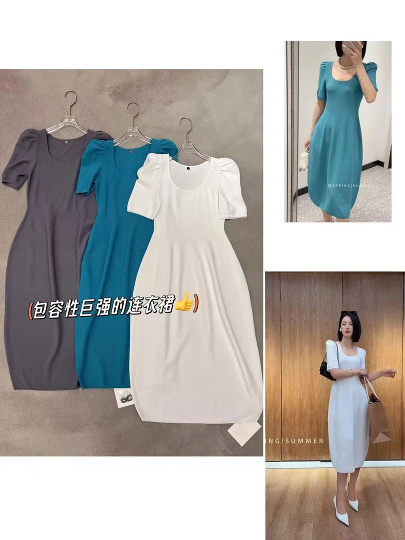 【BAI】夏季新款短袖方领连衣裙女过膝中长款裙子1609