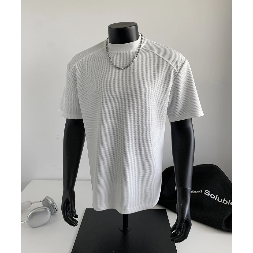 白色华夫格短袖t恤男夏季cleanfit高级感小领口修身正肩半截袖