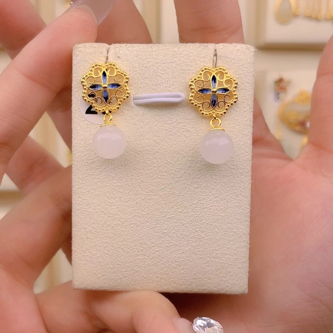 和田玉银S925镀金镶嵌耳饰