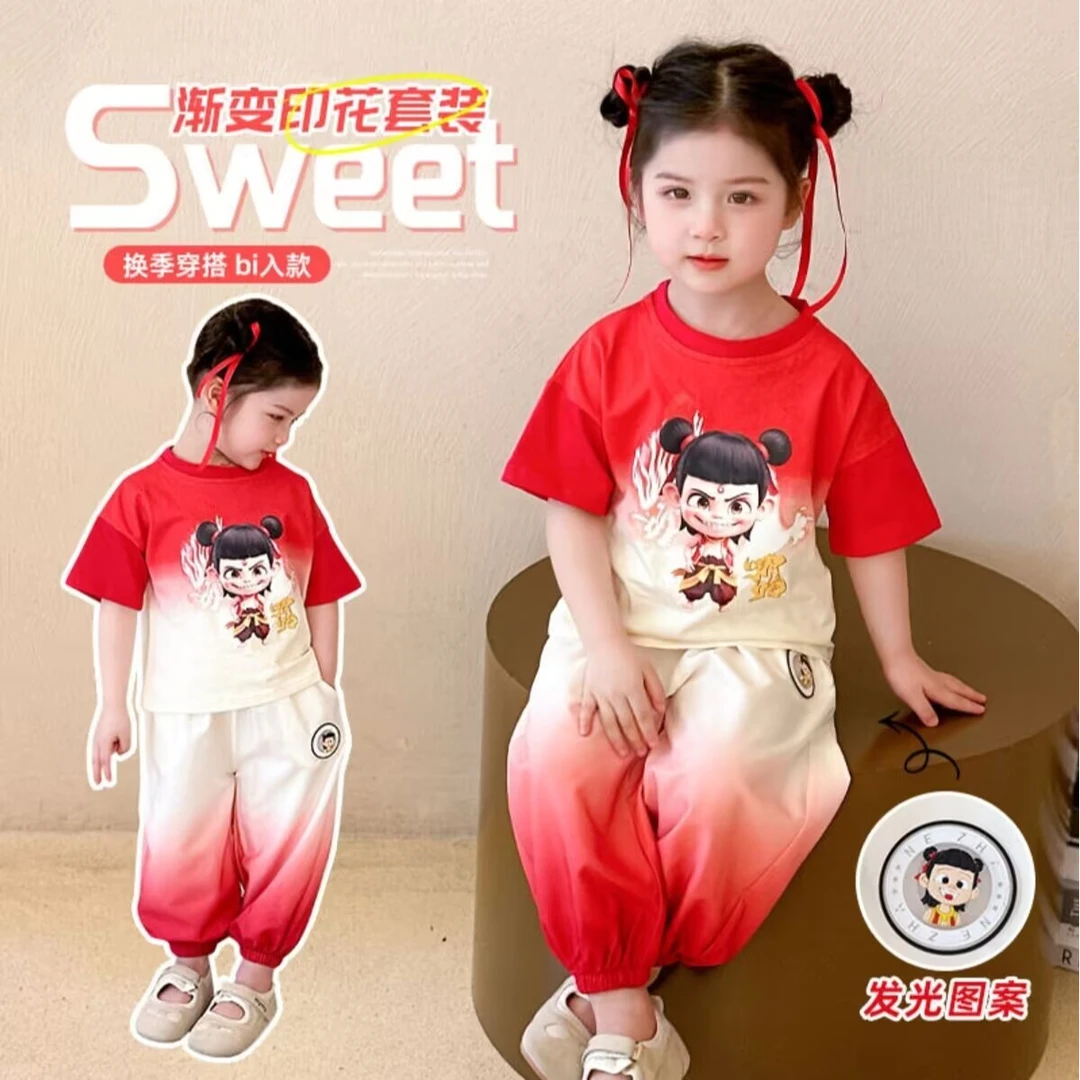 哪吒女童套装卡通服装网红新款夏季儿童女孩短袖t恤夏装薄款时髦
