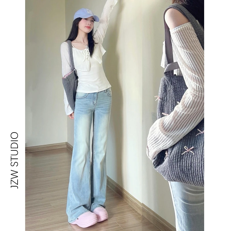 复古冰川蓝微喇牛仔裤女秋季不贴腿宽松显瘦垂感阔腿马蹄拖地长裤