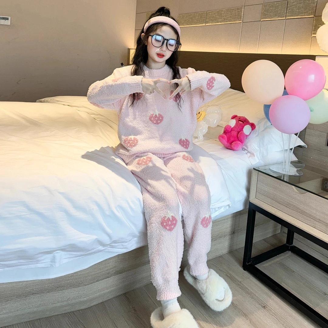 女童睡衣秋冬款2025新款儿童半边绒家居服初中生女孩加厚保暖套装