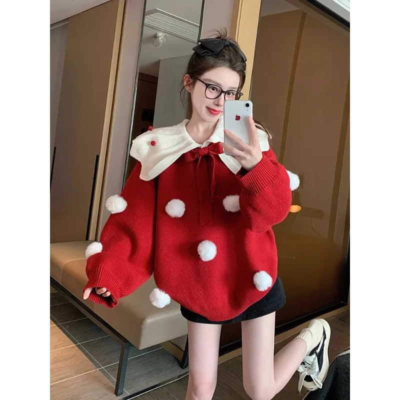 圣诞新年红娃娃领套头毛衣2026新款冬季加厚设计感小众重工针织衫