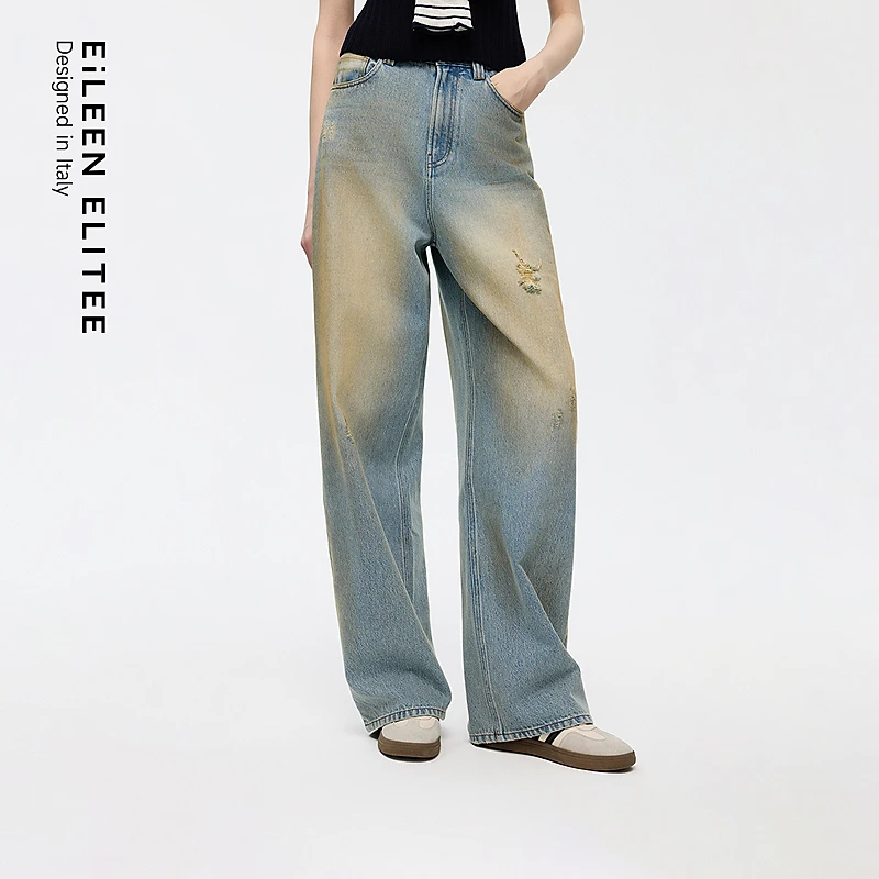 朗姿欧洲EiLEEN ELITEE2025秋新款100%棉水洗牛仔阔腿裤镰刀裤女
