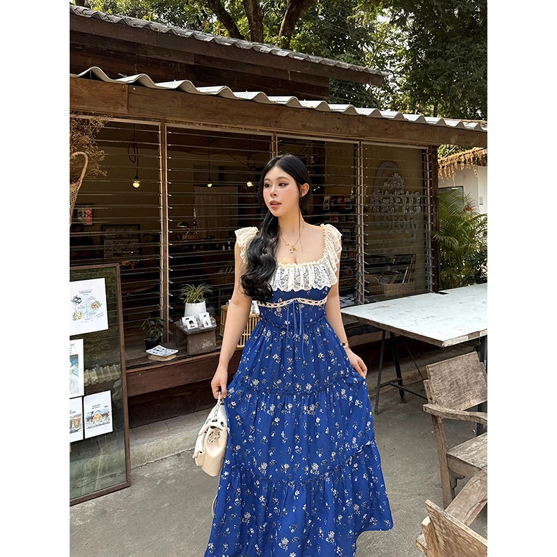 黑泽玄七“半岛蓝风铃连衣裙” |3层拼接荷叶摆！后背弹力打揽清迈风