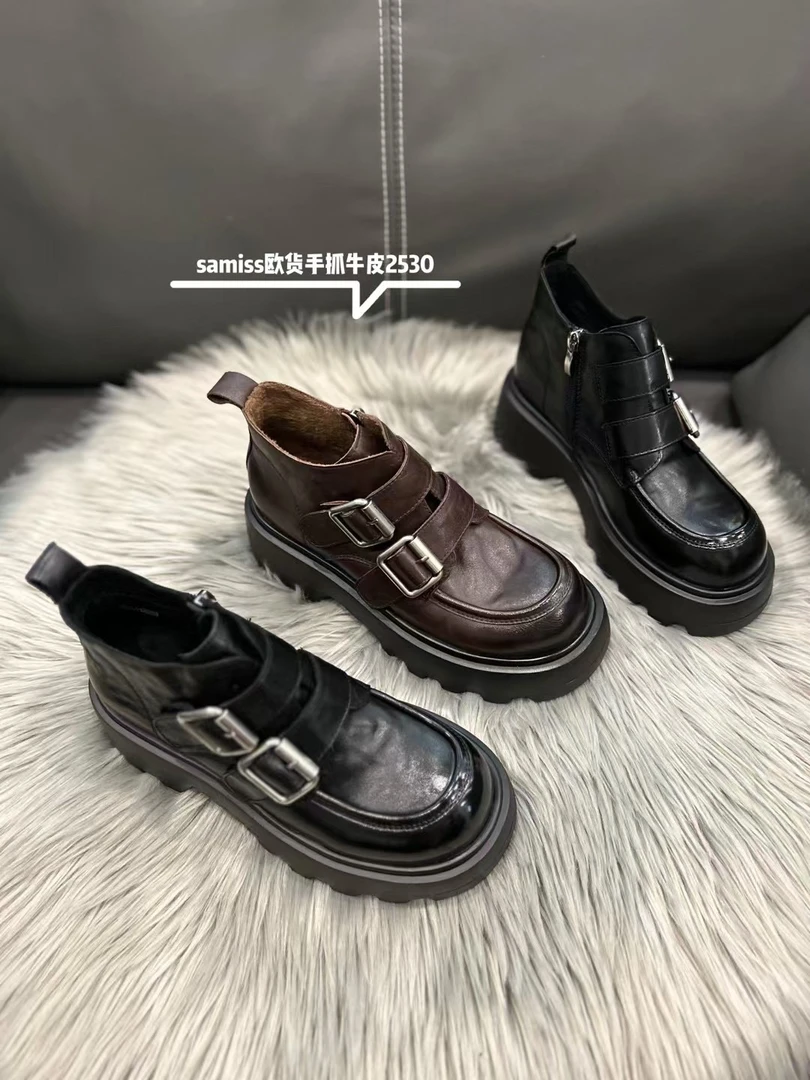 2024冬季欧洲站手抓纹牛皮加棉短靴魔术贴侧拉链厚底靴